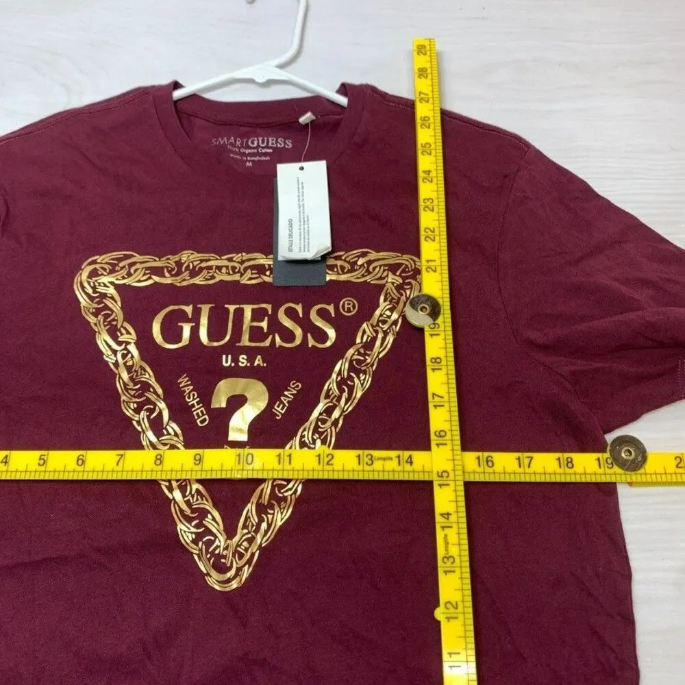 Guess Men Short Sleeve T-Shirt Gold Burgundy Crewneck Logo Triangle Size M - Picture 7 of 7